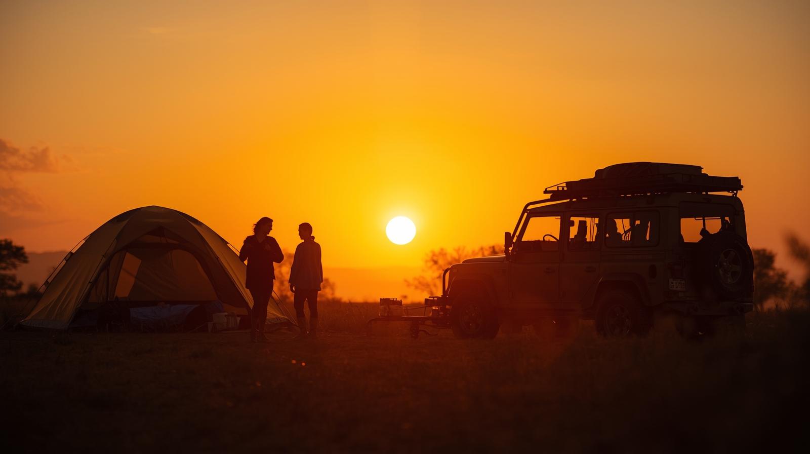 un 4x4 et un beau coucher de soleil avec deux personnes qui font du bivouac